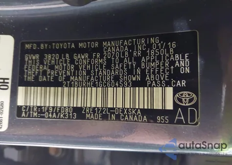 2016 Toyota Corolla S Plus from USA, damaged, VIN 2T1BURHE1GC604593